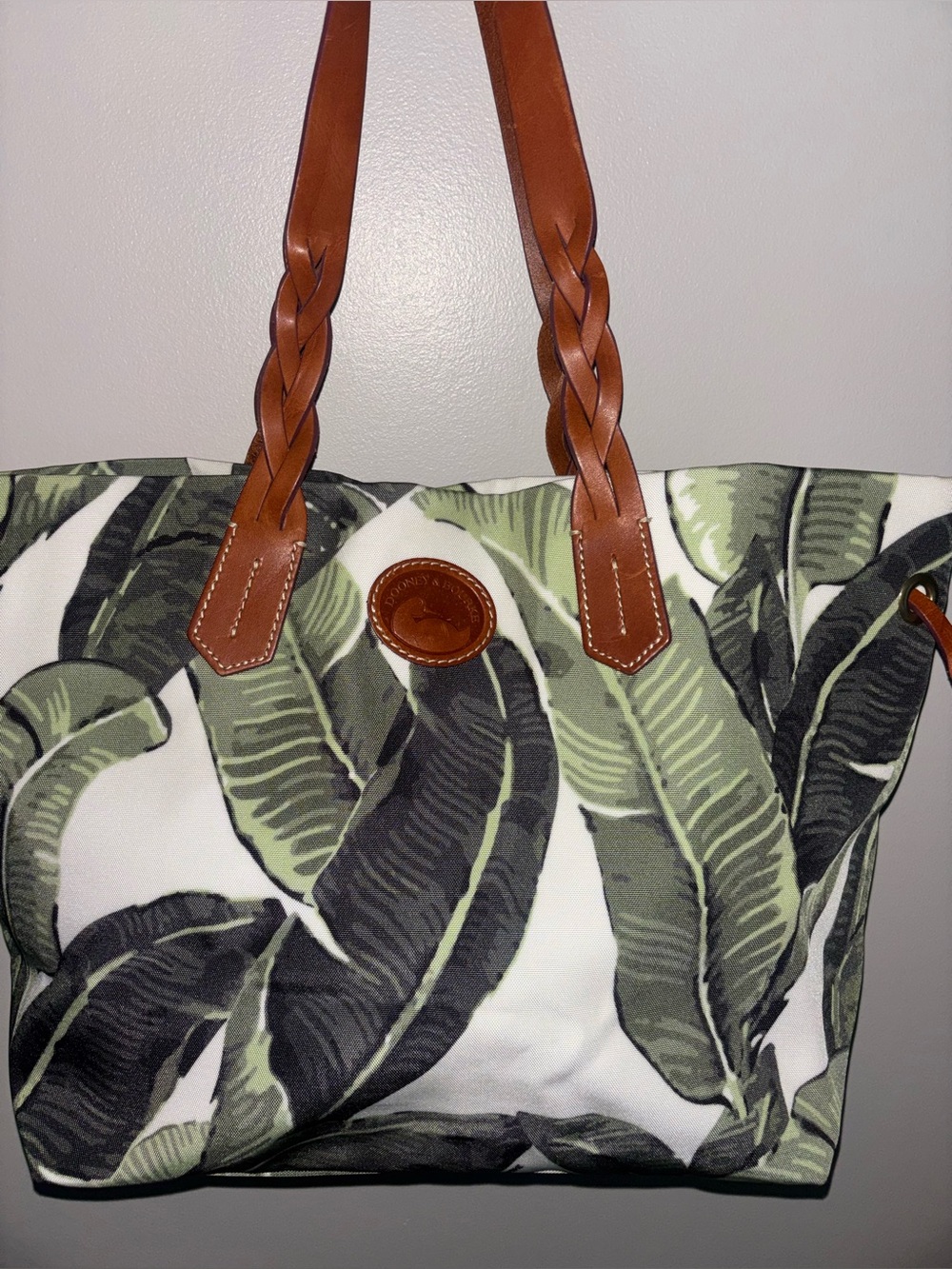 Dooney & Bourke Green Palm-Print Tote with Braided Leather Straps